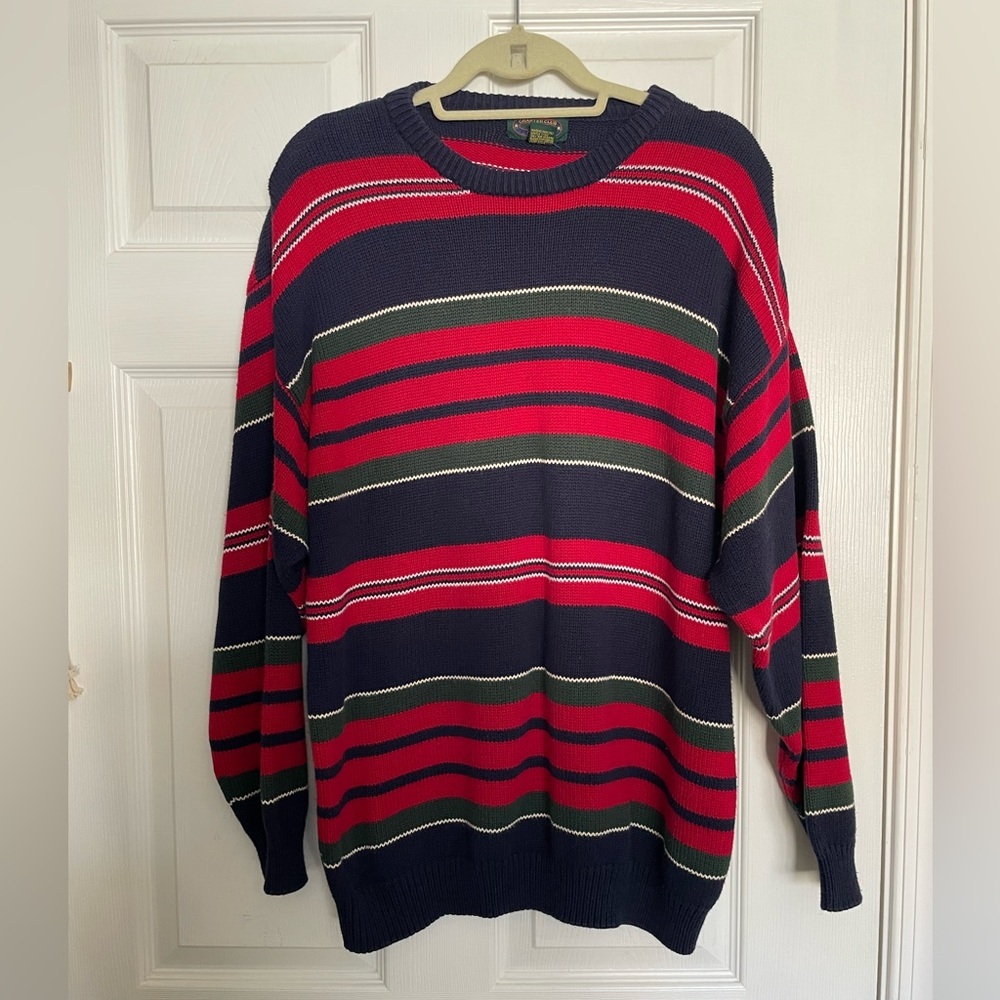 Charter Club Men's Crewneck Sweater in Navy, Red, and Green Stripes Size Large